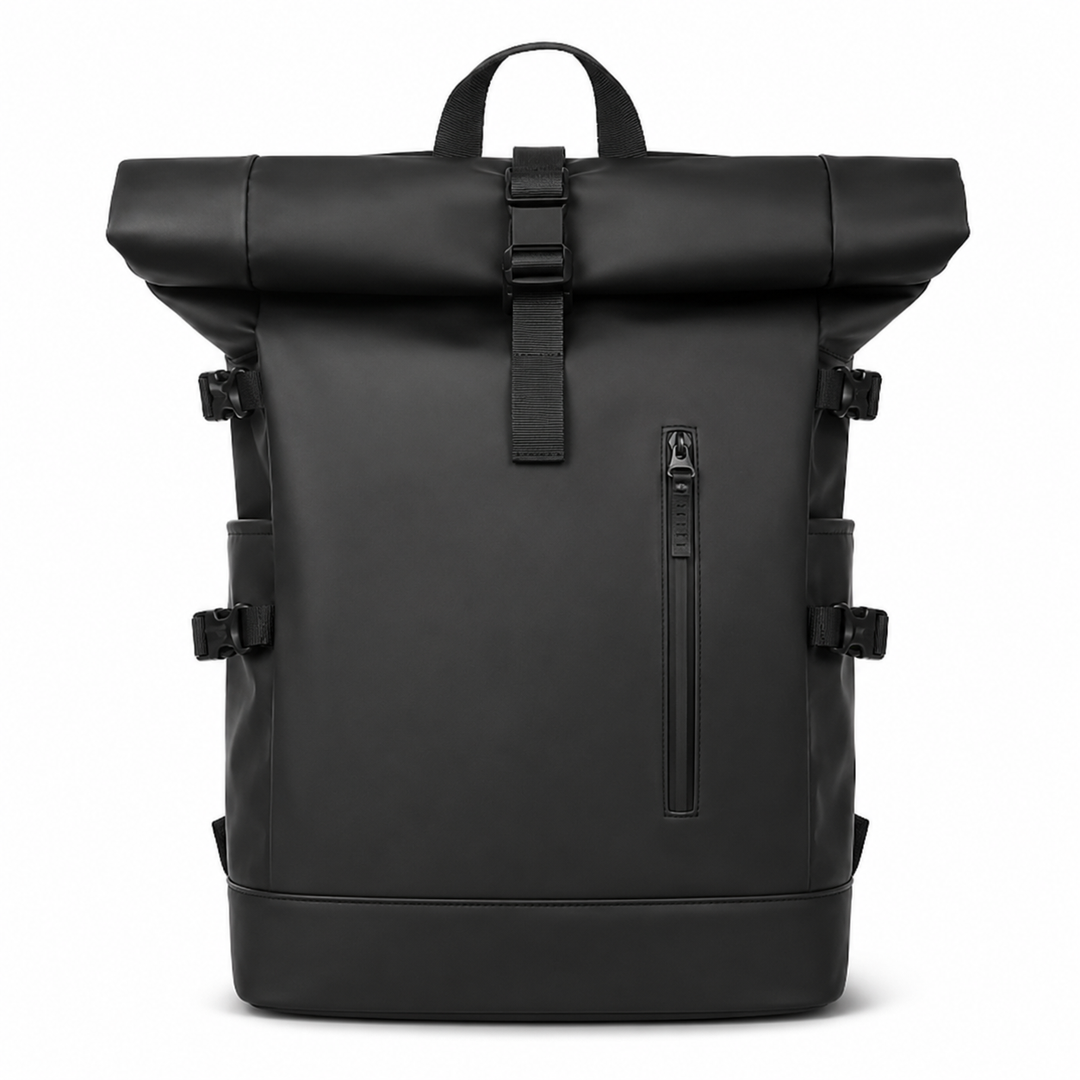 Sac à dos roll-top noir élégant et résistant, avec port USB, idéal pour un look urbain chic.