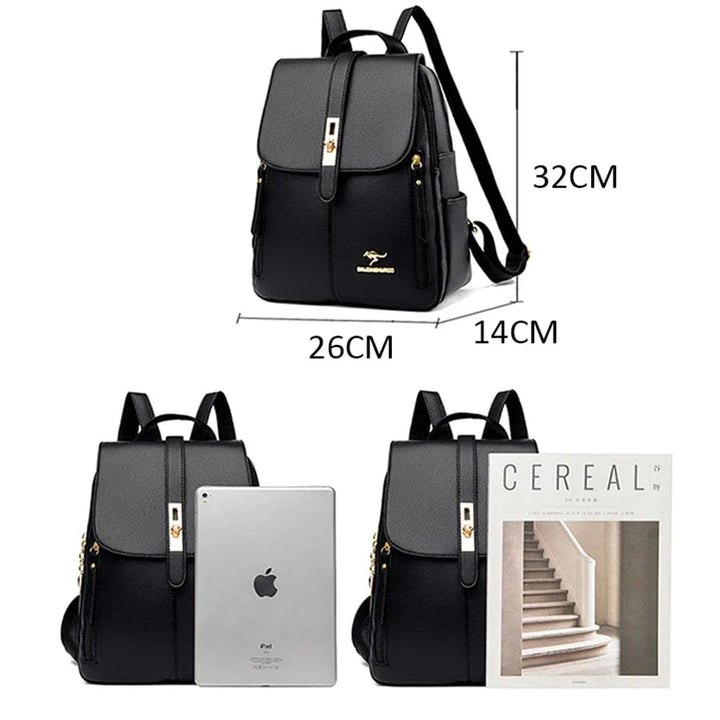Sac à dos femme rouge en cuir vegan, vue de dos, présentant des compartiments multiples et un design moderne.