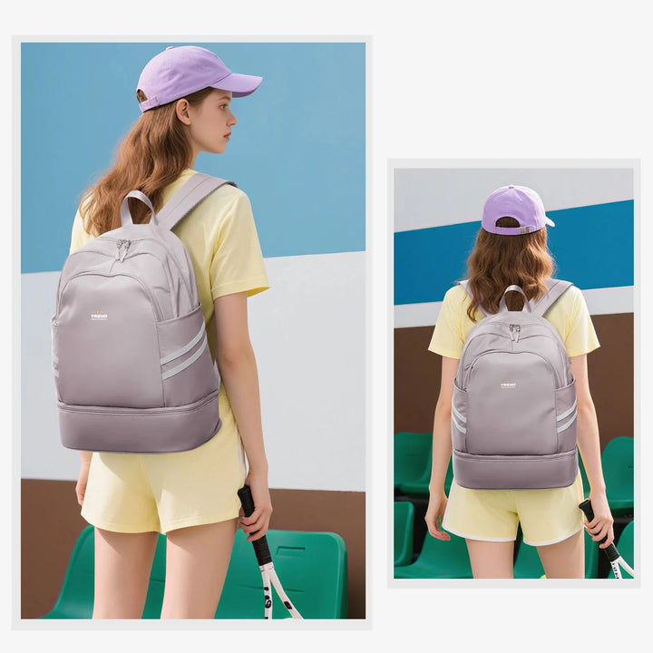 Sac à dos sport multifonction pour femme, léger, avec poches latérales et bretelles ajustables.