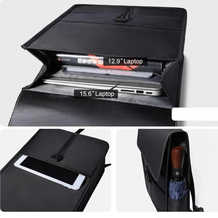 Design intérieur d'un sac à dos unisexe, montrant son compartiment rembourré pour ordinateur portable et ses multiples poches.