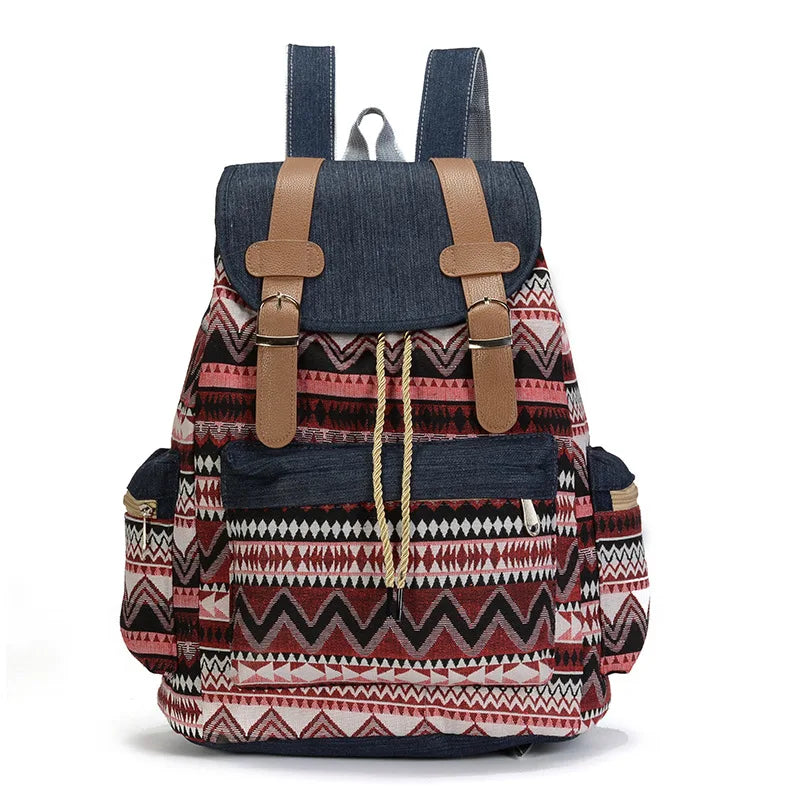 Sac à dos vintage femme bohème en toile, motifs ethniques. Idéal pour le quotidien, étudiant ou voyage.