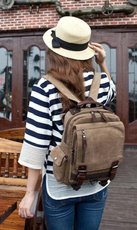 Sac à dos scolaire vintage en toile rose et cuir PU, spacieux et durable pour lycéennes et étudiantes