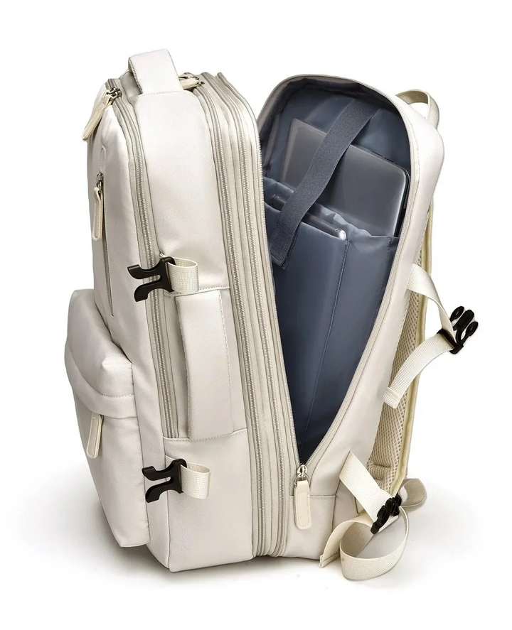 Sac à dos de voyage femme noir, extensible, idéal comme bagage cabine pour avion ou week-end.