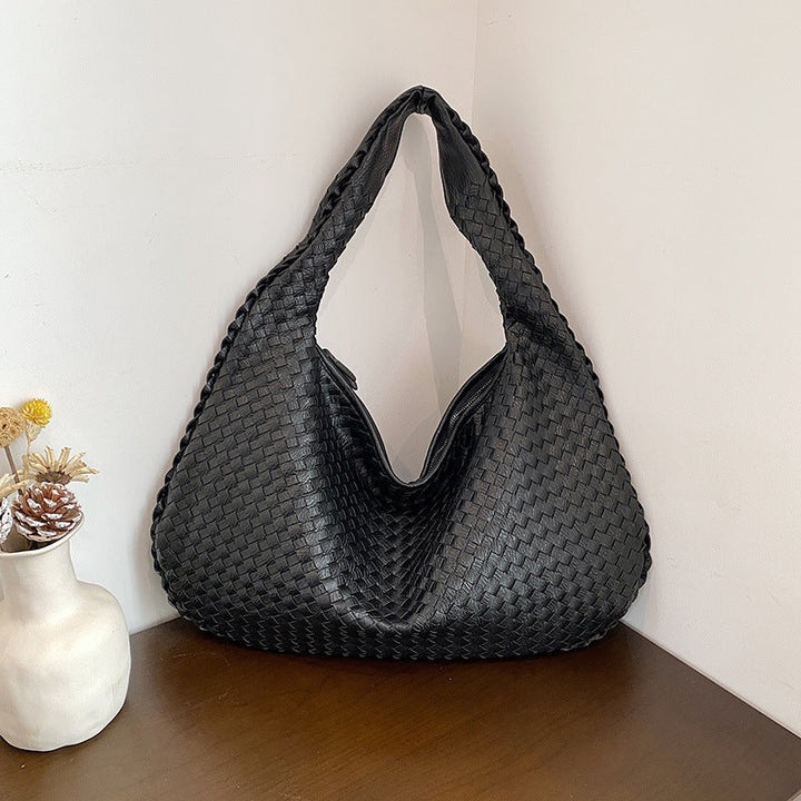 "Sac épaule souple tressé grand format, similicuir élégant pour femmes, coloré et spacieux avec poignée confortable."