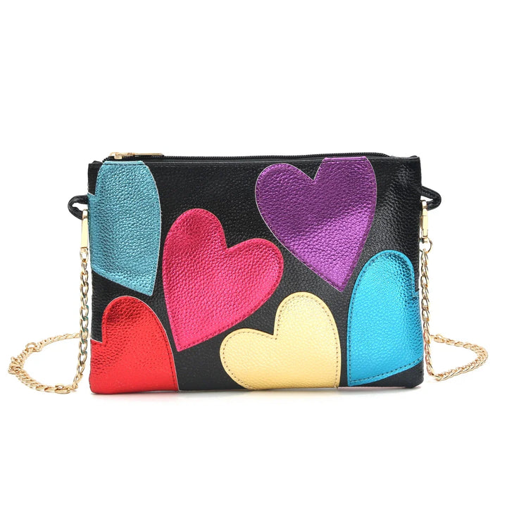 Sac de soirée glamour pour femme, métallisé brillant avec cœurs. Parfait pour occasions spéciales.