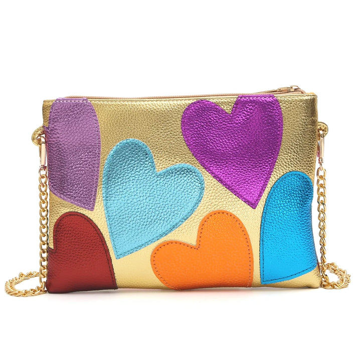 Pochette bandoulière femme, design cœurs, métallisé brillant pour un look sophistiqué et chic.