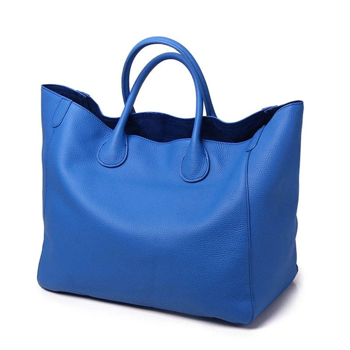 Sac fourre-tout en cuir véritable, grand format, couleur bleu, spacieux et élégant pour femme, idéal au quotidien.