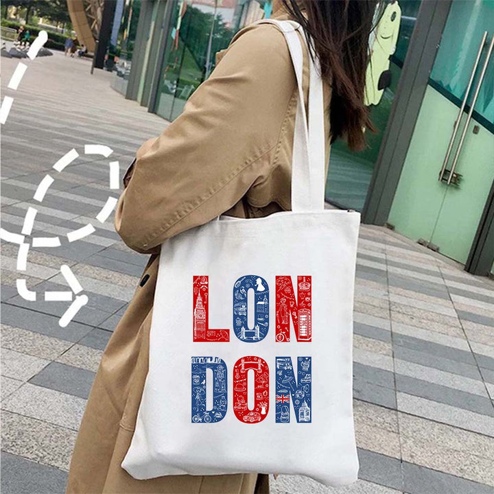 Grand sac cabas en coton avec imprimé ville de Londres, parfait pour le quotidien ou les courses.