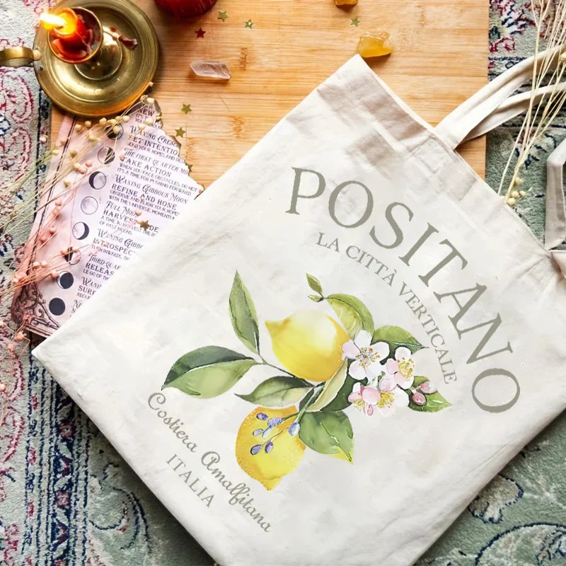 Tote bag femme polyvalent pour la plage ou le shopping, toile résistante, motif esprit voyage Italie.