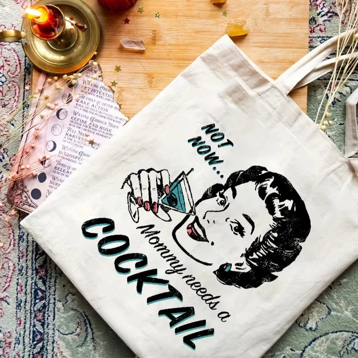 Sac fourre-tout femme léger en tissu canvas, imprimé cocktails mode. Accessoire original pour shopping ou été.