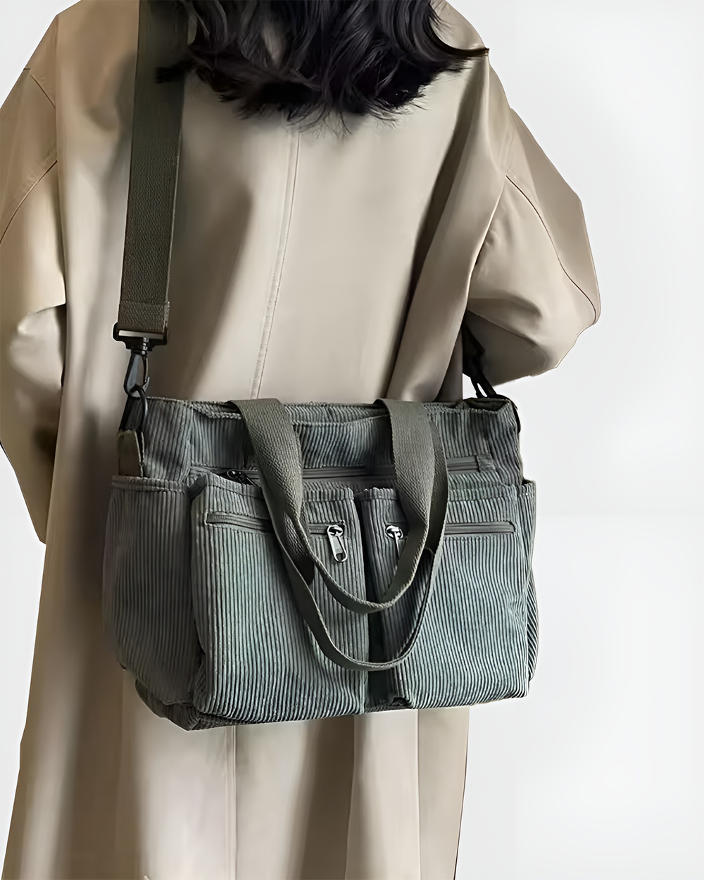 Cabas élégant en velours côtelé pour femme, sac à bandoulière polyvalent et léger avec fermeture éclair.