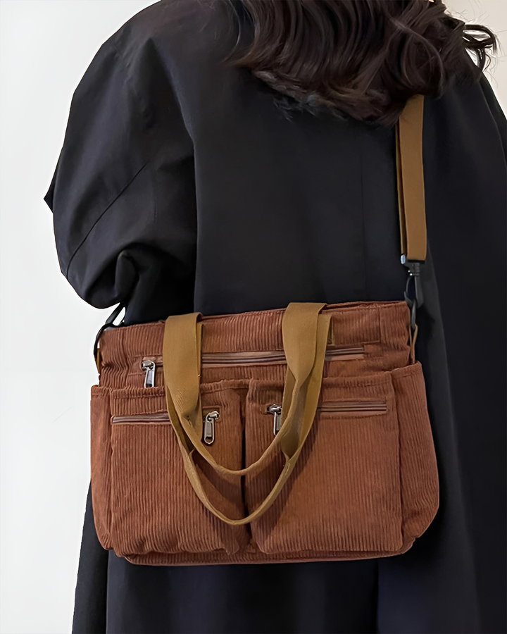 Sac femme en velours côtelé doux, fourre-tout léger et élégant, avec zip pour sécuriser vos essentiels.