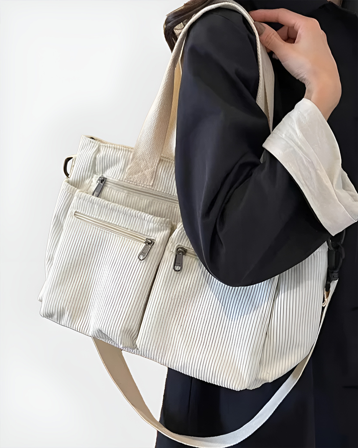 Sac de travail femme en velours côtelé, léger et zippé. Un cabas polyvalent pour un look chic et quotidien.