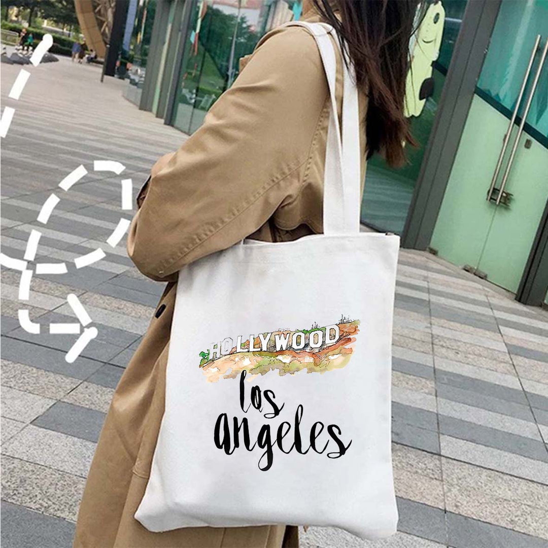 Sac fourre-tout Los Angeles en coton blanc, idéal pour le shopping, la plage ou comme sac à main écologique.