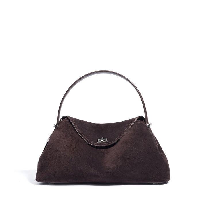 Sac à main Alma en cuir suédé marron, style trapèze, pour femme élégante, mode automne-hiver