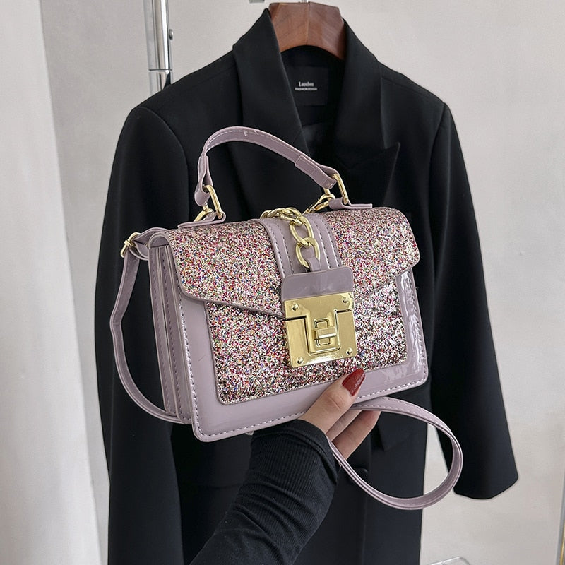 Sac à main bandoulière carré en cuir PU noir à paillettes scintillantes pour femme, élégant et tendance.