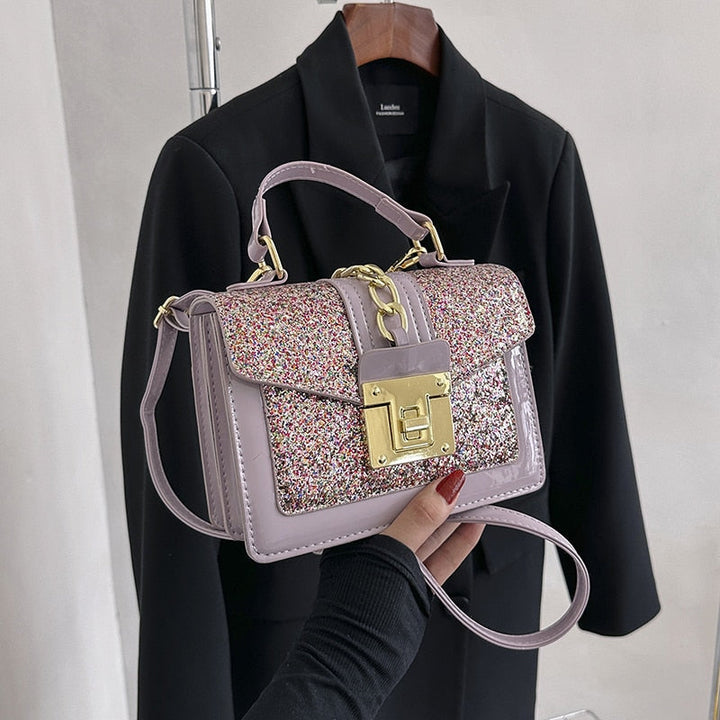 Sac à main bandoulière carré en cuir PU noir à paillettes scintillantes pour femme, élégant et tendance.