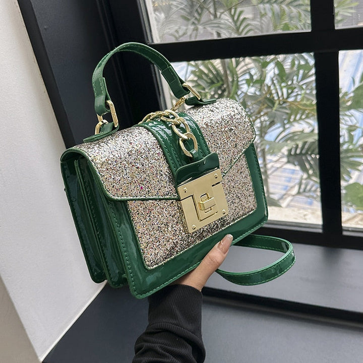 Élégant sac à main femme en cuir PU avec paillettes, design carré, sangle bandoulière ajustable.