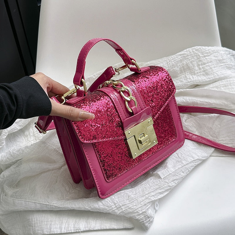 Sac à main paillettes scintillantes, forme carrée, idéal pour la soirée, sac bandoulière chic en cuir PU.