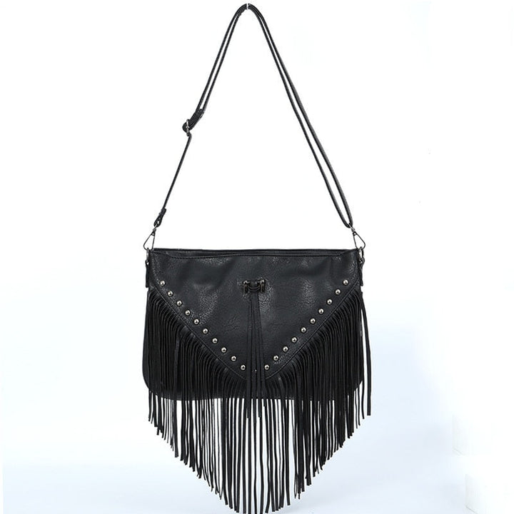 Sac à main bohème chic noir pour femme, avec franges décoratives, en similicuir élégant et bandoulière.