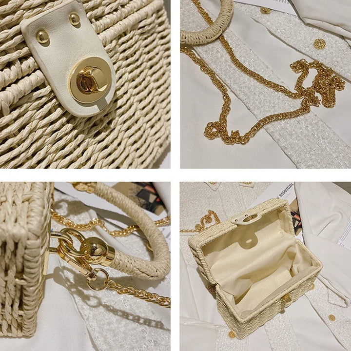 Sac à main femme polyvalent, carré en paille tressée, porté épaule ou bandoulière, style été chic.