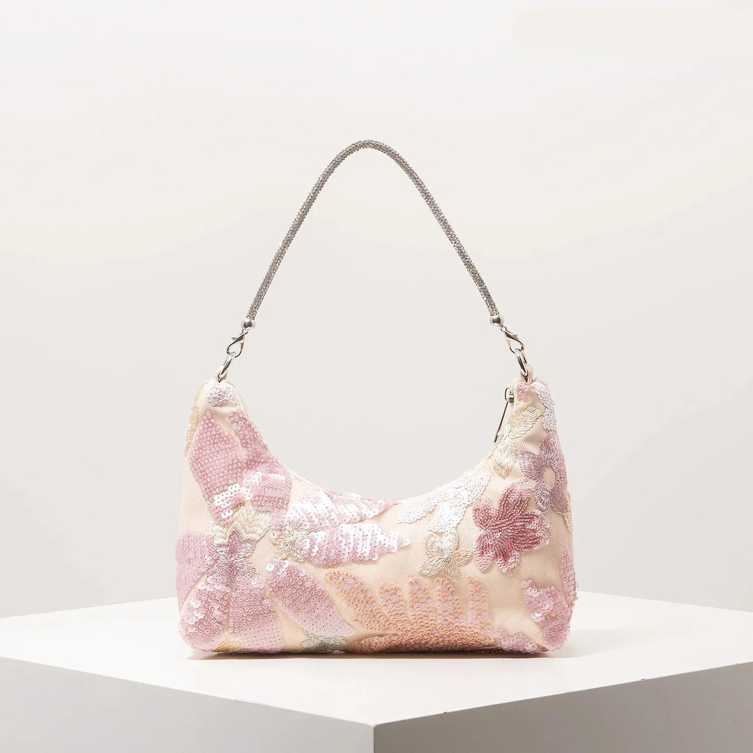 Sac à main d'été femme brodé de motifs floraux, avec sequins scintillants. Idéal pour une touche chic et tendance.