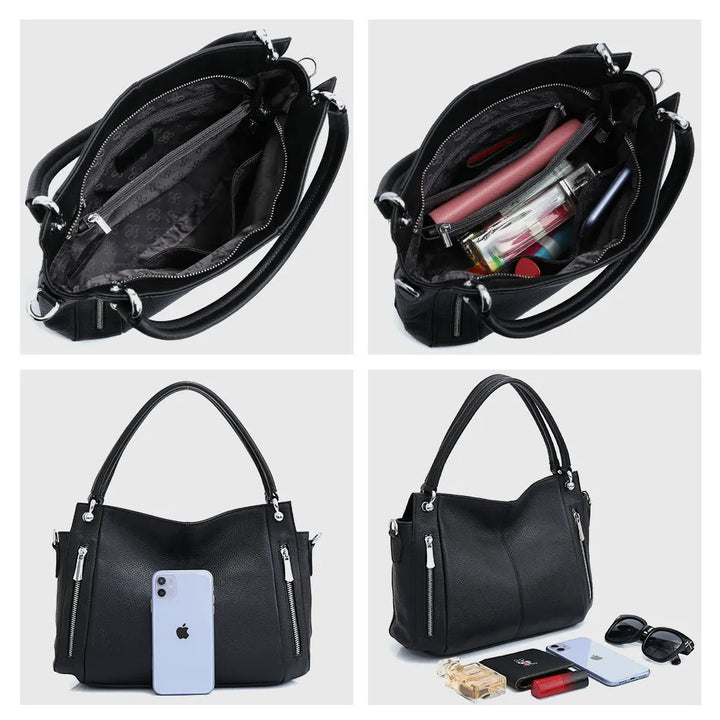 Sac à bandoulière noir en cuir grainé, luxe et élégance pour femme, parfait pour le quotidien ou une soirée.