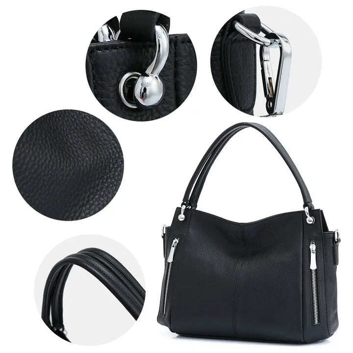 Détail du sac à main noir en cuir grainé, avec ses ferrures dorées, un accessoire luxe indispensable.