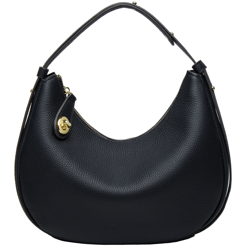 Sac à main demi-lune en cuir véritable noir, élégant, pour femmes, porté épaule, accessoire mode intemporel.