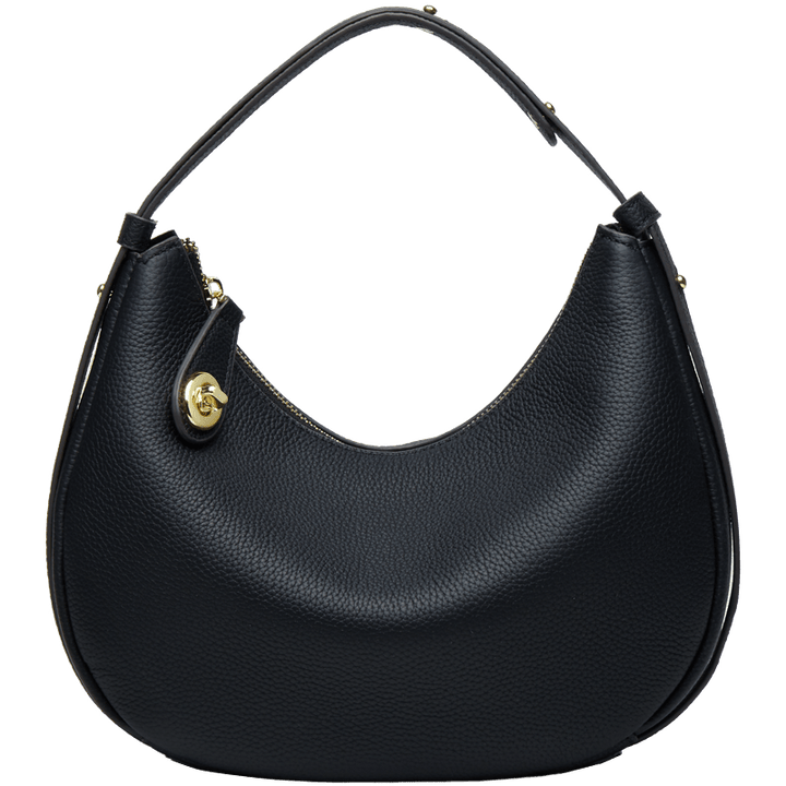 Sac à main demi-lune en cuir véritable noir, élégant, pour femmes, porté épaule, accessoire mode intemporel.