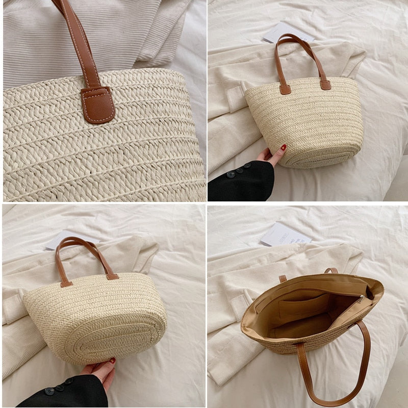 Sac à main en osier naturel et cuir, design bohème pour femme, accessoire élégant et tendance.