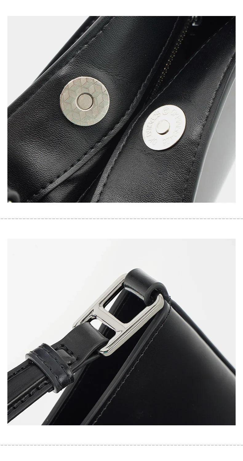 Accessoire mode sac femme en cuir noir, détail logo discret, bandoulière réglable, finition impeccable.
