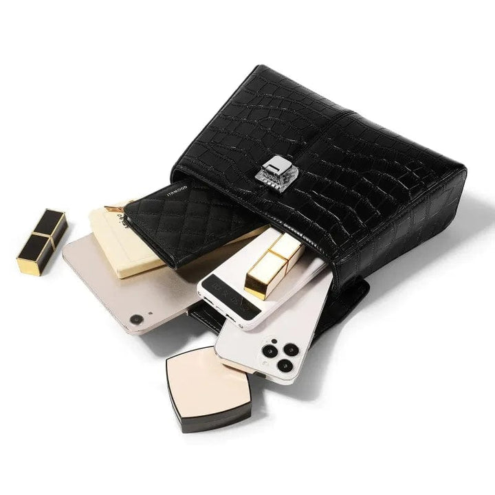 Sac à main en cuir noir avec bandoulière, élégance urbaine pour femme active et chic