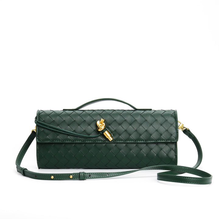 Sacoche tressée en cuir pour femme, accessoire de mode élégant avec un design unique.