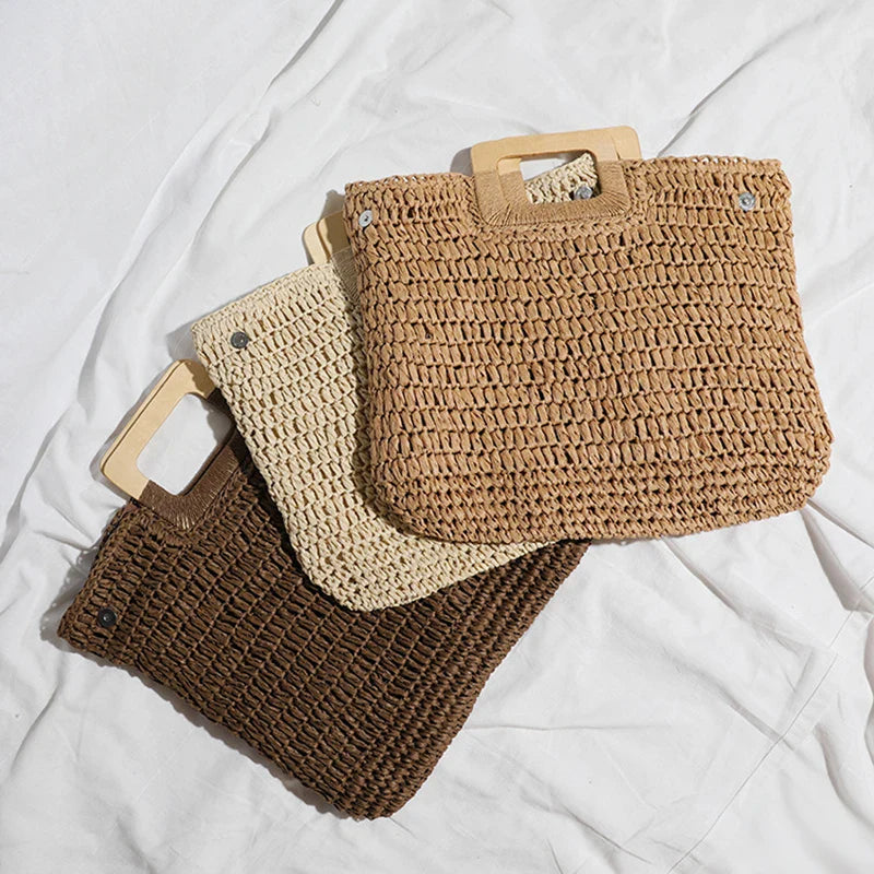 Sac d'été en paille de rotin, tendance et léger, avec anses robustes, pour femme chic.