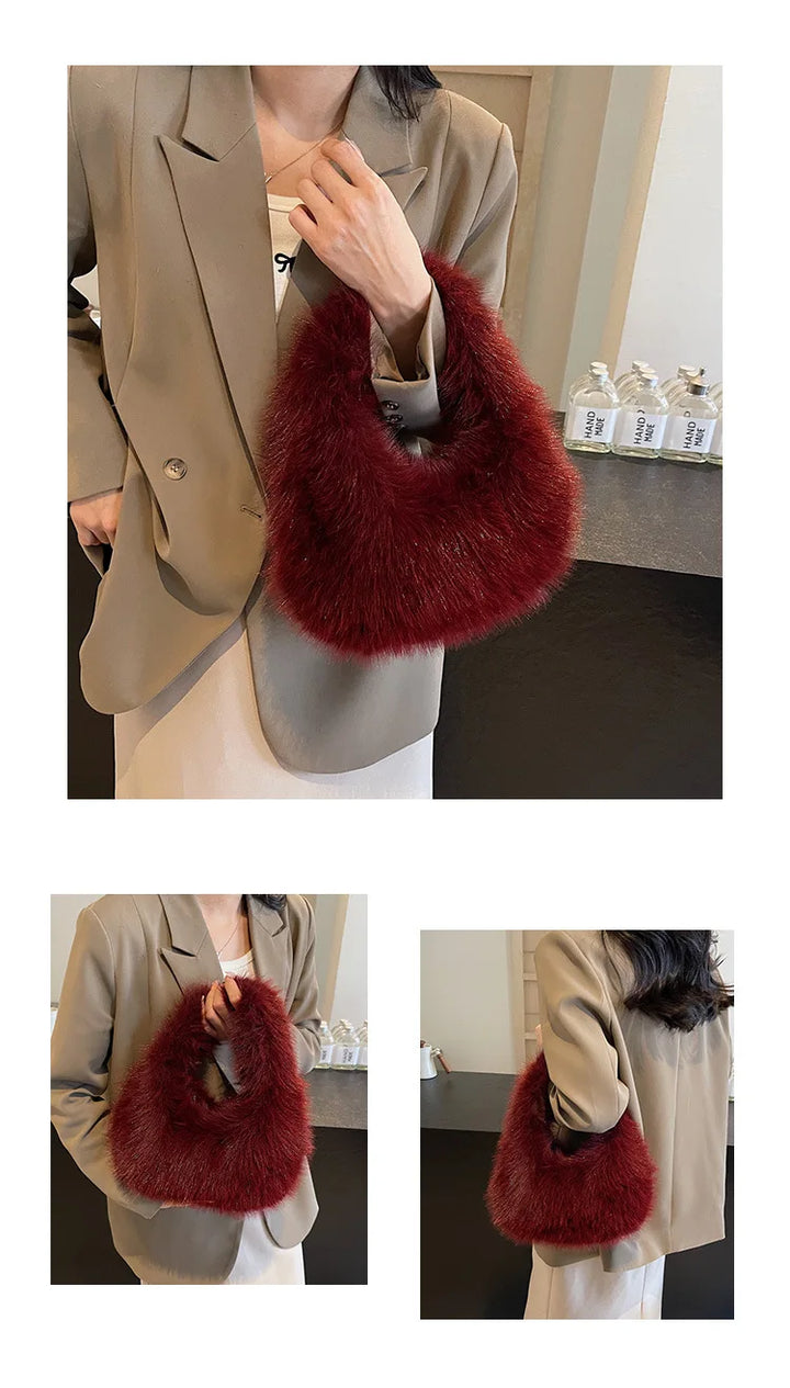 Gros plan d'un sac à main femme en fausse fourrure, texture douce et luxueuse, sac tendance.
