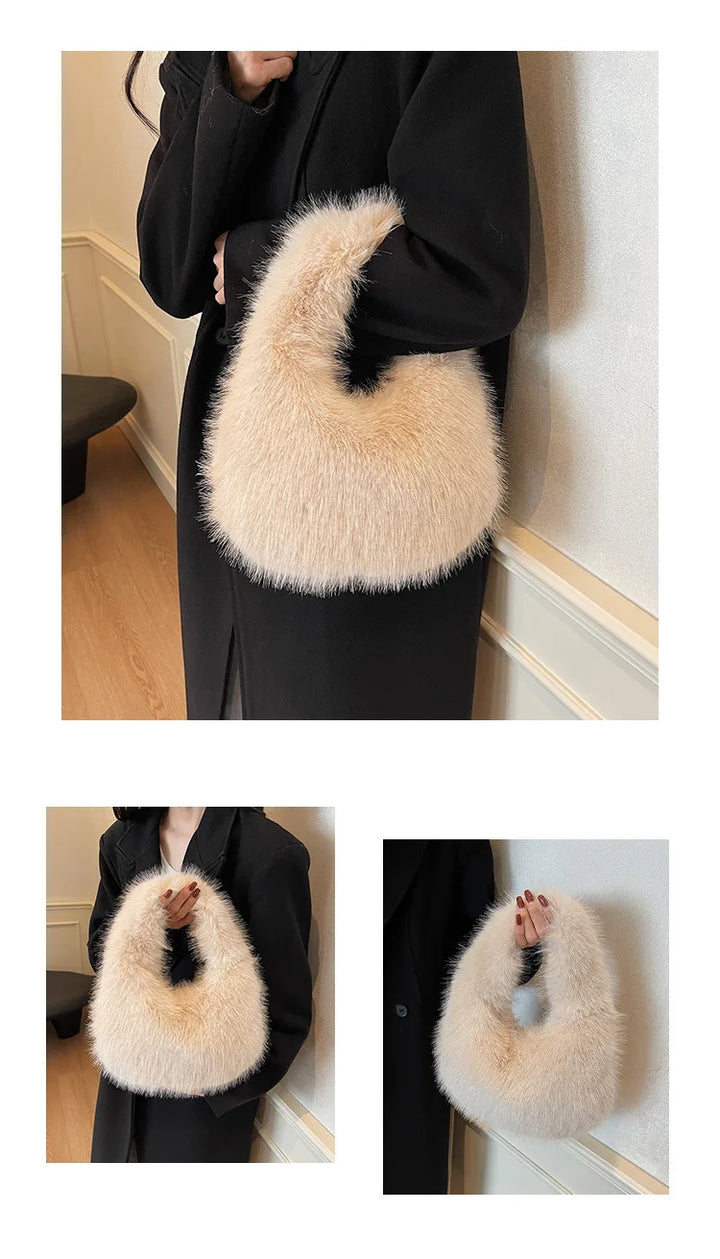 Sac à main femme noir en fausse fourrure, design élégant, idéal pour compléter une tenue d'hiver.