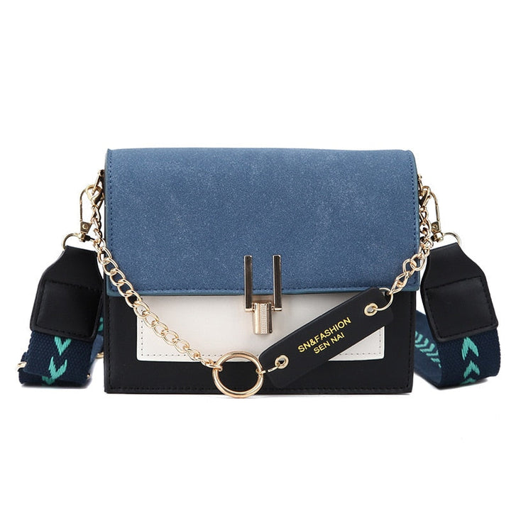 Sac à main en nubuck bleu et tissu, grand format pour femme, porté épaule avec rabat et finitions dorées, accessoire mode