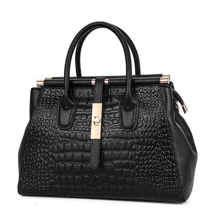 Sac à main pour femme chic en similicuir croco noir, fermoir métallique doré, style élégant