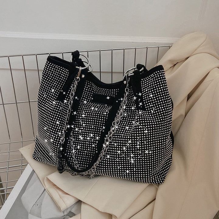 Sac à main femme noir Luna avec strass, élégant pour soirée, accessoire glamour.