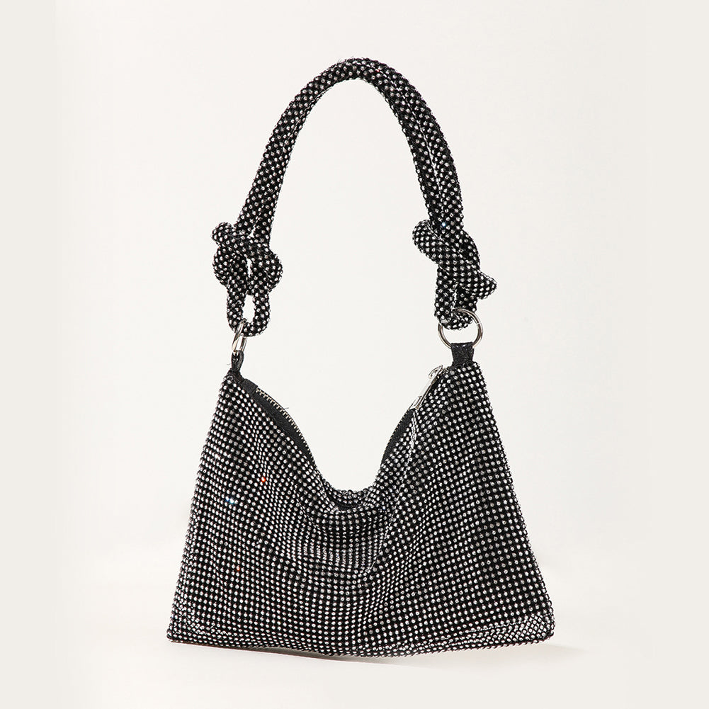 Sac à main femme noir scintillant élégant avec bandoulière, idéal pour une soirée ou un événement chic.