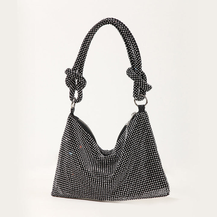 Sac à main femme noir scintillant élégant avec bandoulière, idéal pour une soirée ou un événement chic.