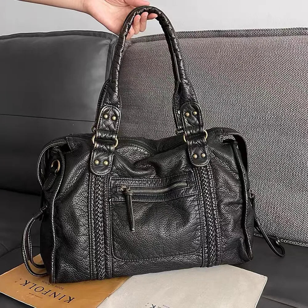 Sac à main femme noir vintage en cuir PU, élégant et grand pour cours ou travail.