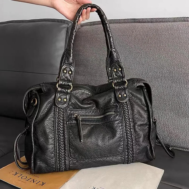 Sac à main femme noir vintage en cuir PU, élégant et grand pour cours ou travail.