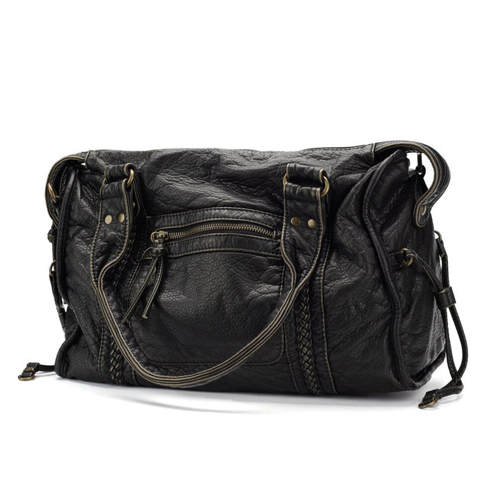Grand sac à main vintage noir en cuir PU pour femme, avec bandoulière, style rétro chic.