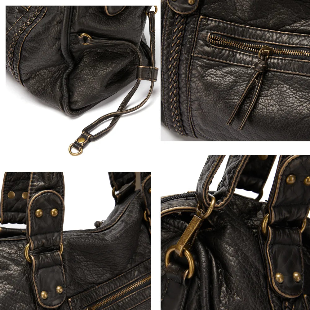 Sac femme élégant noir effet vintage, parfait pour organiser vos affaires au travail ou à l'université.