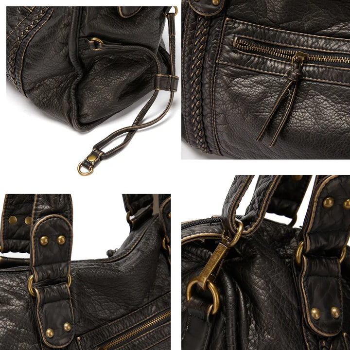 Sac femme élégant noir effet vintage, parfait pour organiser vos affaires au travail ou à l'université.