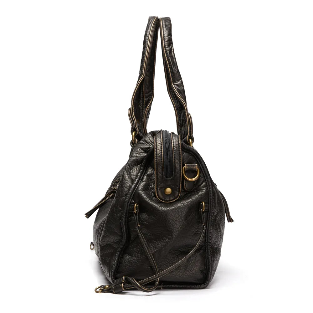 Sac à main femme cuir PU noir vintage, design élégant et spacieux, parfait pour le style quotidien.