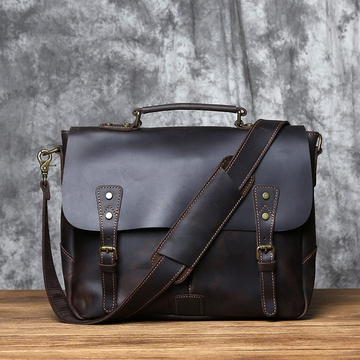 Sac à main homme en cuir véritable marron, idéal pour ordinateur portable 15 pouces et documents professionnels.