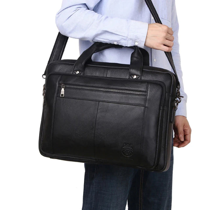 Sacoche professionnelle en cuir noir pour homme, idéale pour le bureau, avec bandoulière réglable.